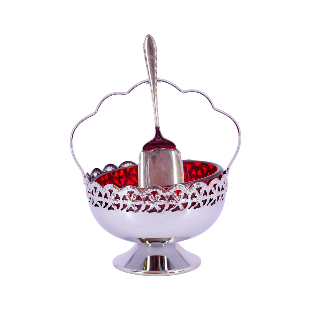 Ruby Red Glass & Silverplate Basket with Spoon