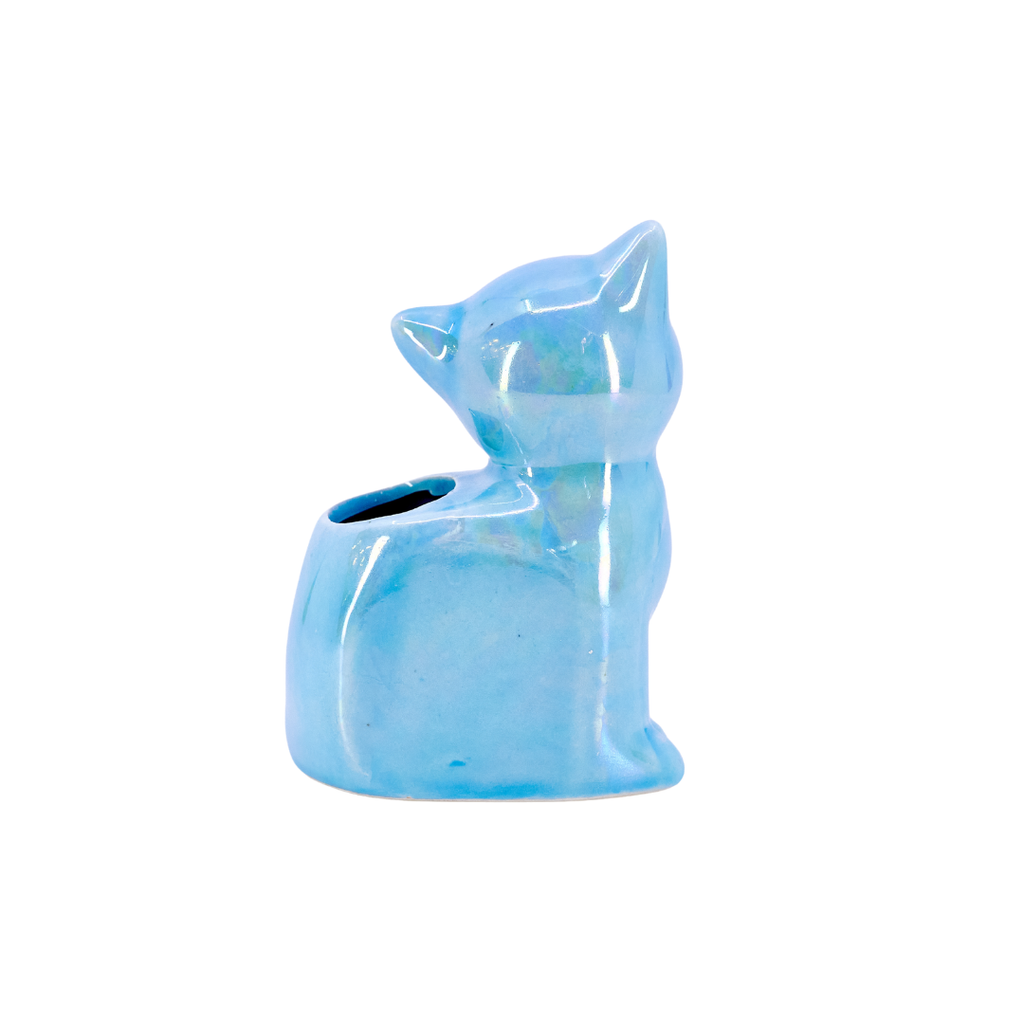 Mid-Century Blue Ceramic Cat Planter