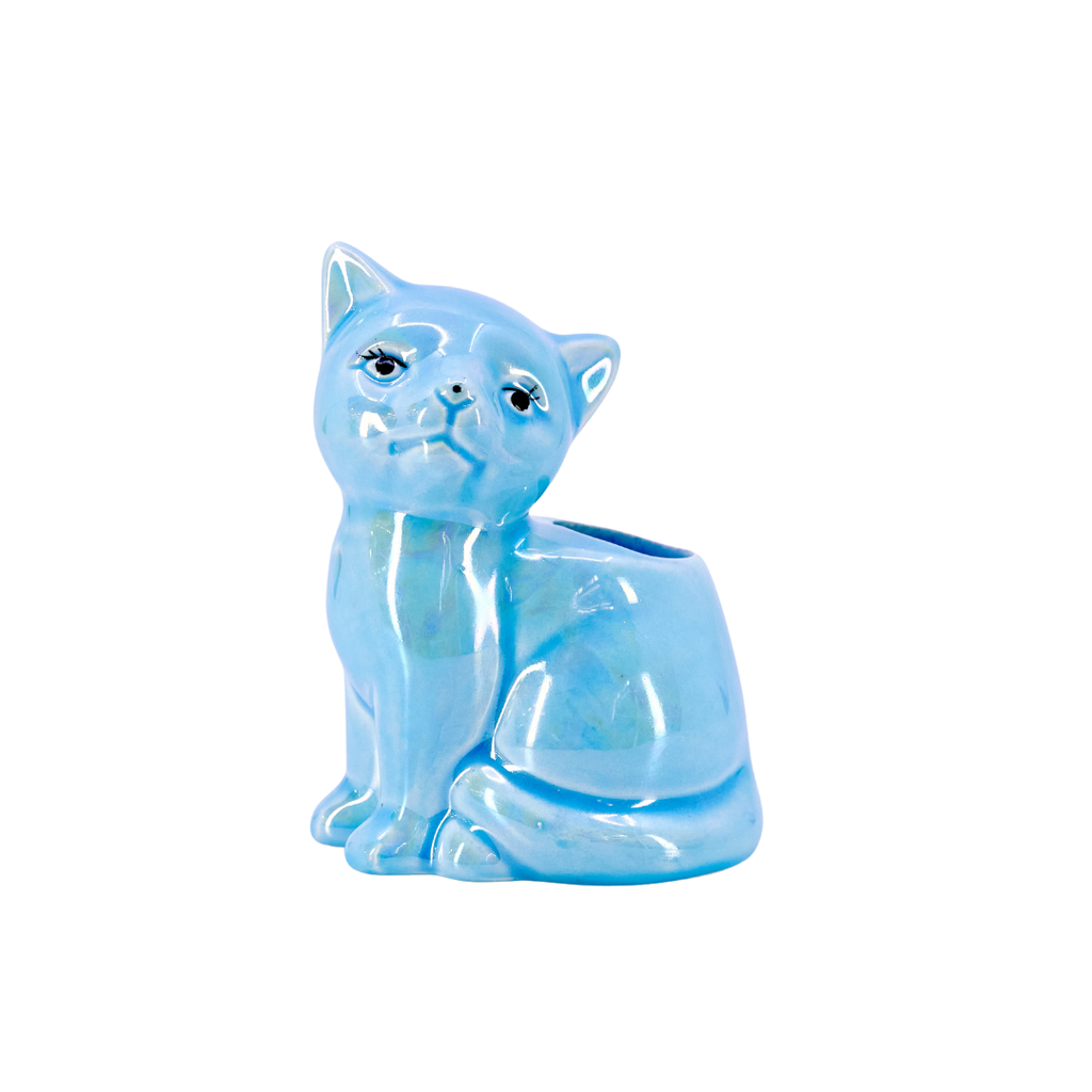 Mid-Century Blue Ceramic Cat Planter