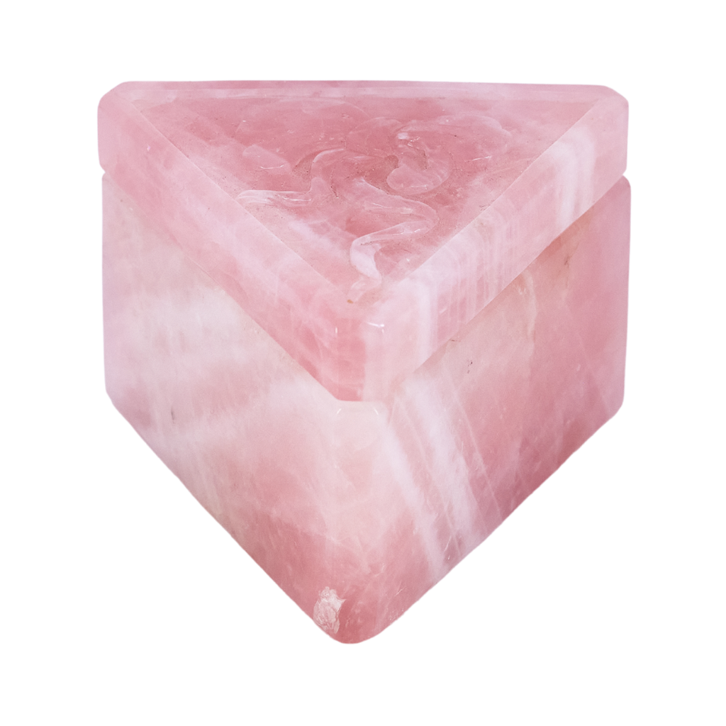 Triangle Rose Quartz Trinket Box with Bow Carving