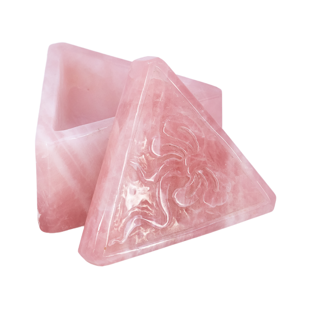 Triangle Rose Quartz Trinket Box with Bow Carving