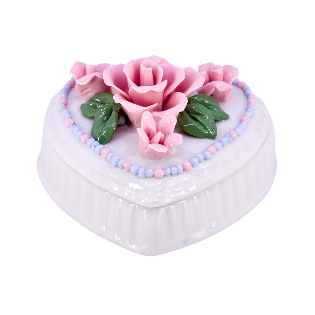 Porcelain Heart Trinket Box with Pink Roses
