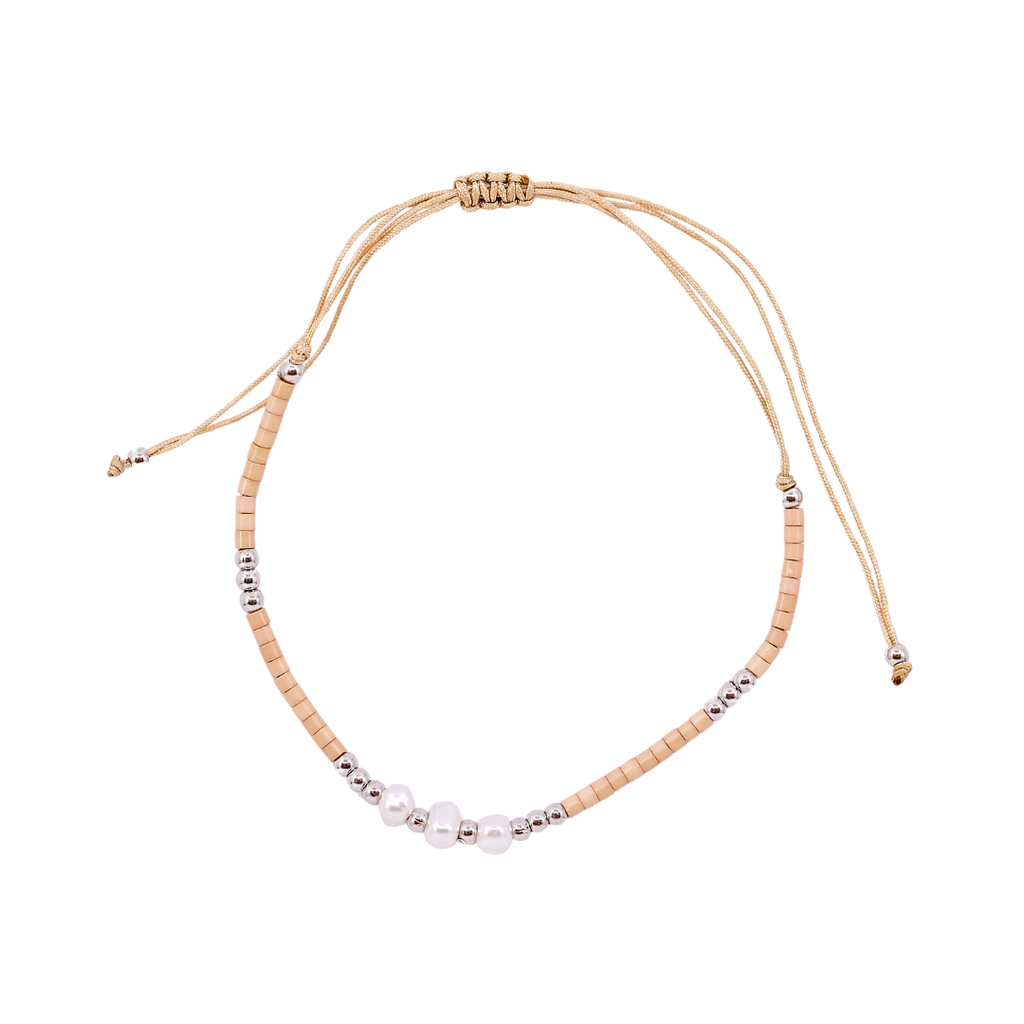 Thread Beaded Triple Pearl Bracelet - Tan