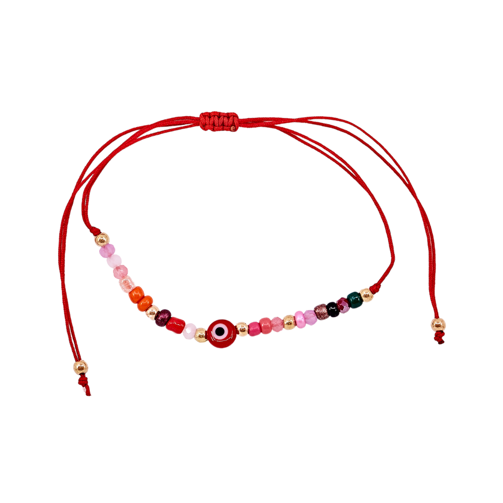 Thread Beaded Evil Eye Bracelet - Red