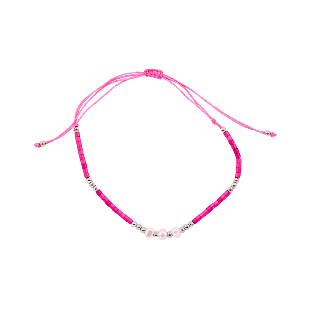 Thread Beaded Triple Pearl Bracelet - Neon Pink