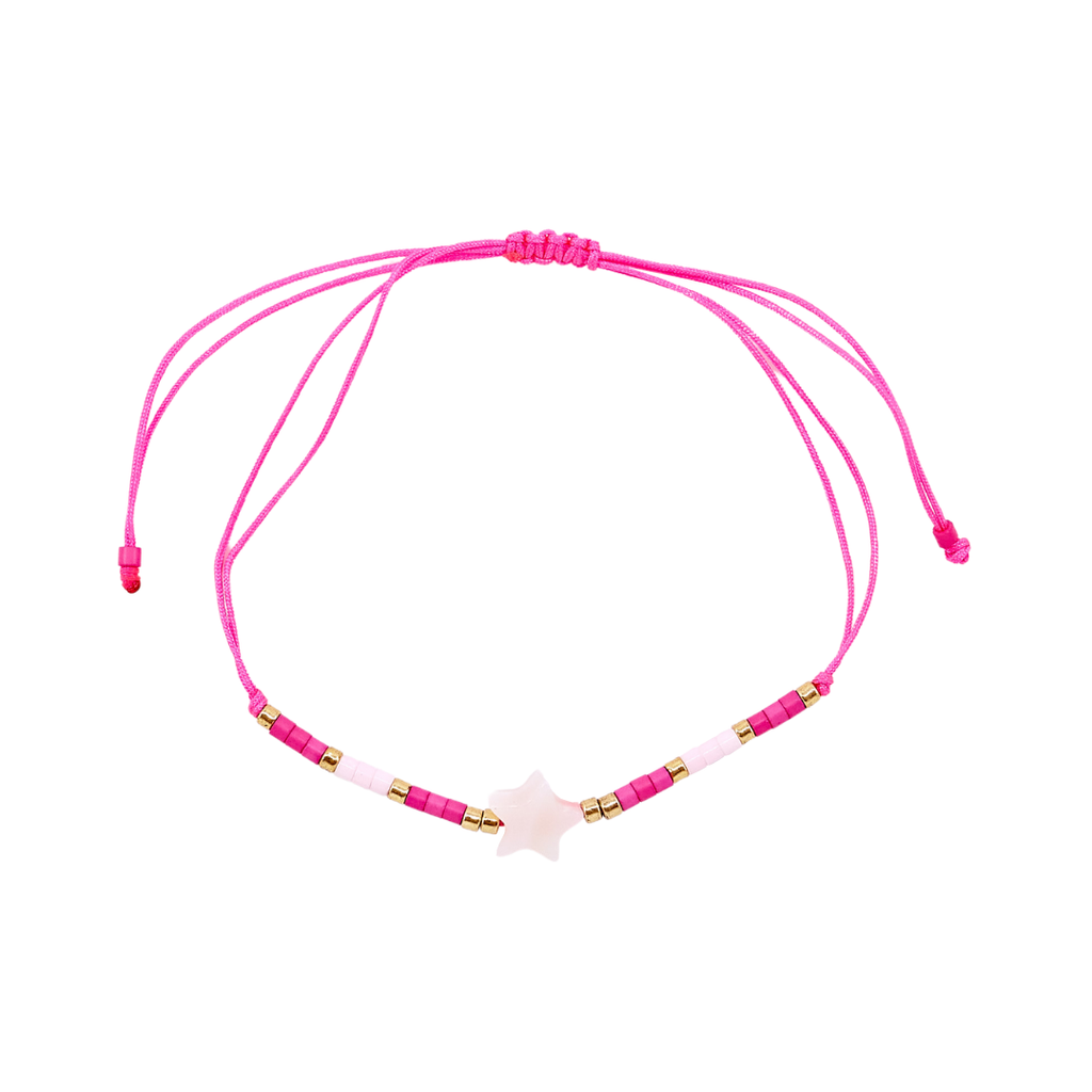 Thread Beaded Star Bracelet - Neon Pink