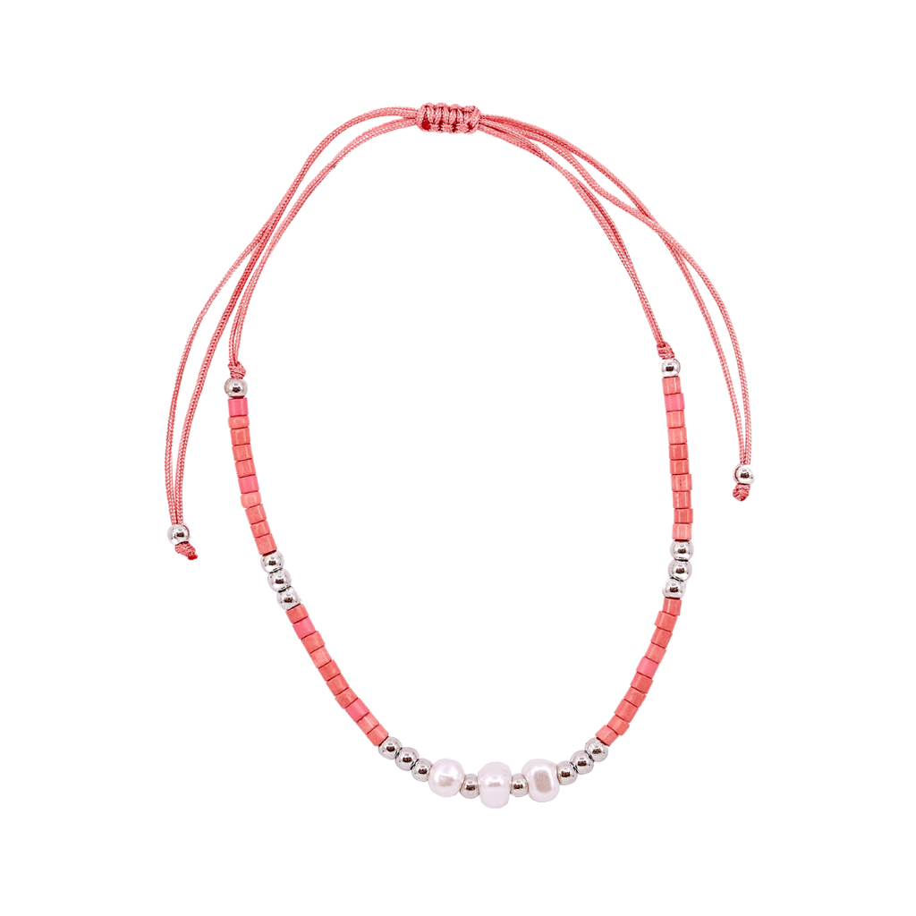 Thread Beaded Triple Pearl Bracelet - Coral