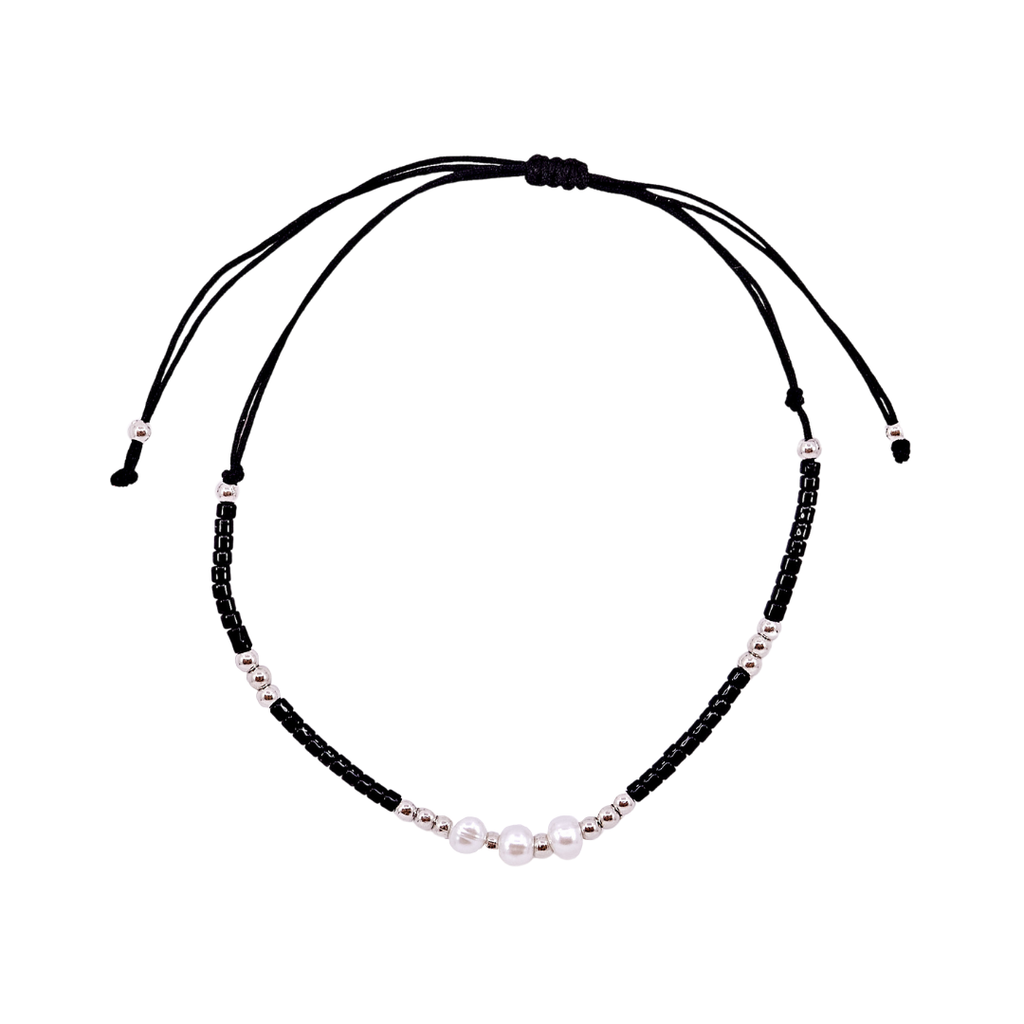 Thread Beaded Triple Pearl Bracelet - Black