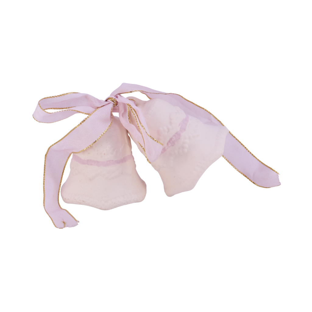Porcelain Wedding Bells with Pink Ribbon