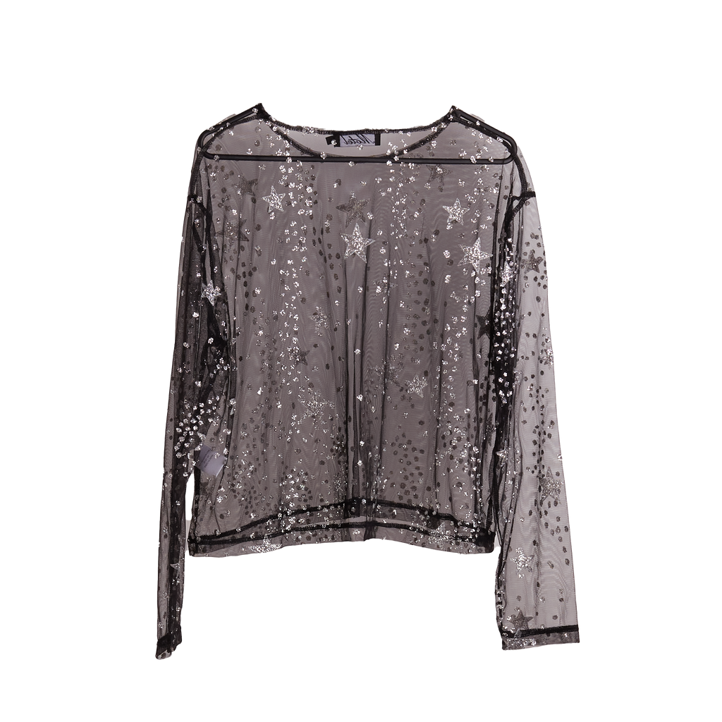 Motel Black Long Sleeve Sheer Top With Glitters Stars - Size L