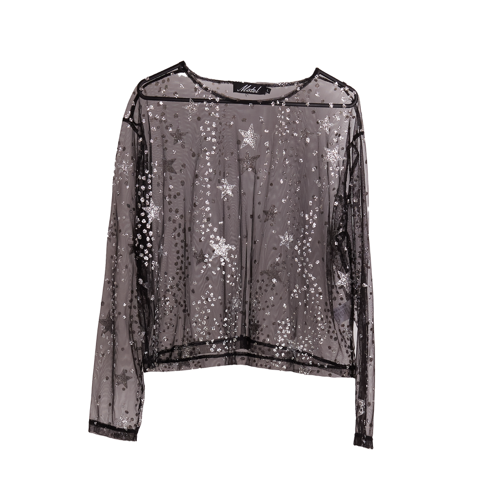 Motel Black Long Sleeve Sheer Top With Glitters Stars - Size L